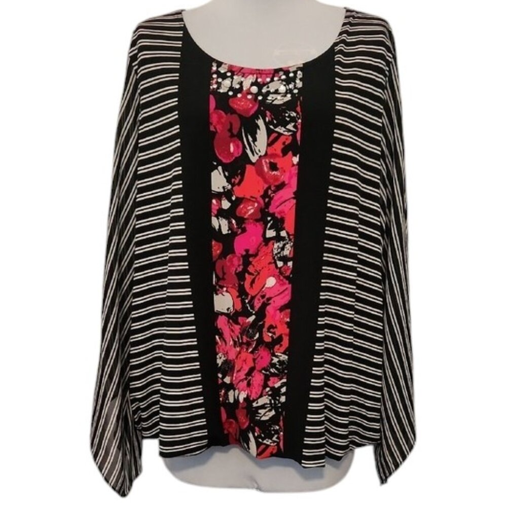Alfani Woman 2X Blouse – Striped Chiffon Overlay with Floral Center Panel